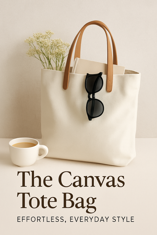 Minimalist canvas tote bag styled with everyday essentials – sunglasses, coffee, and books