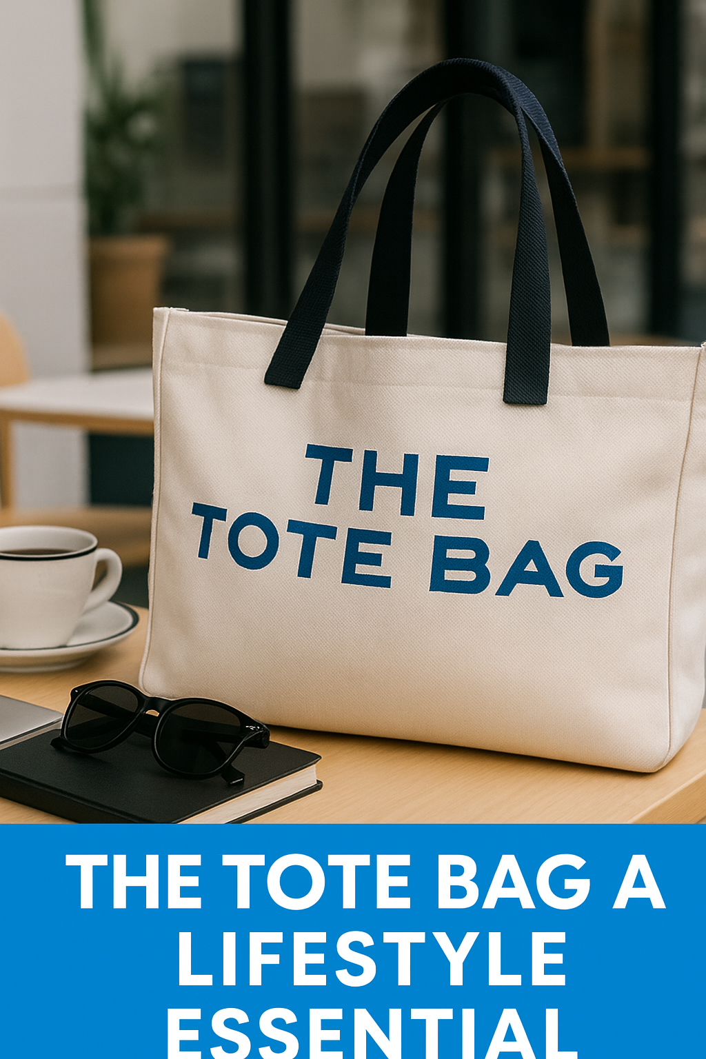Beige tote bag on a wooden table at a stylish outdoor café, surrounded by a laptop, sunglasses, notebook, and coffee cup, illustrating the tote bag as a modern lifestyle essential.